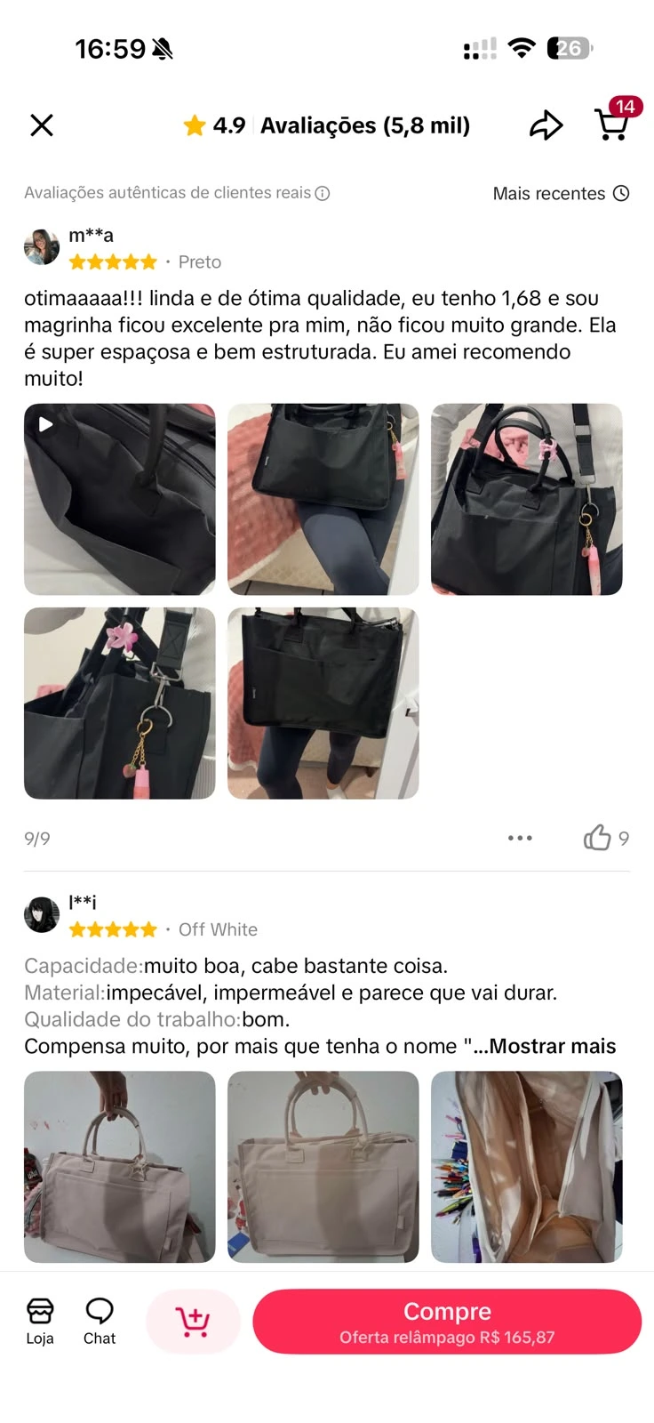 Foto da Tote Daily Preta enviada na avaliação de Amanda Santos