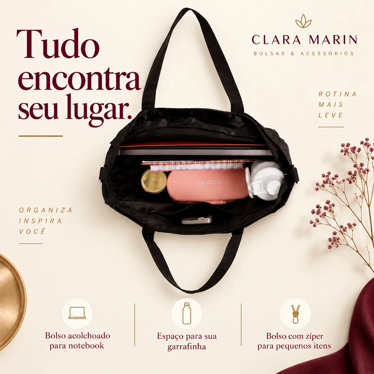 Tudo encontra seu lugar. Bolso acolchoado para notebook, espaço para garrafinha e bolso com zíper.